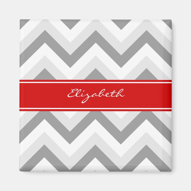 Lt Gray Med Gray White Chevron Red Name Monogram Magnet (Front)