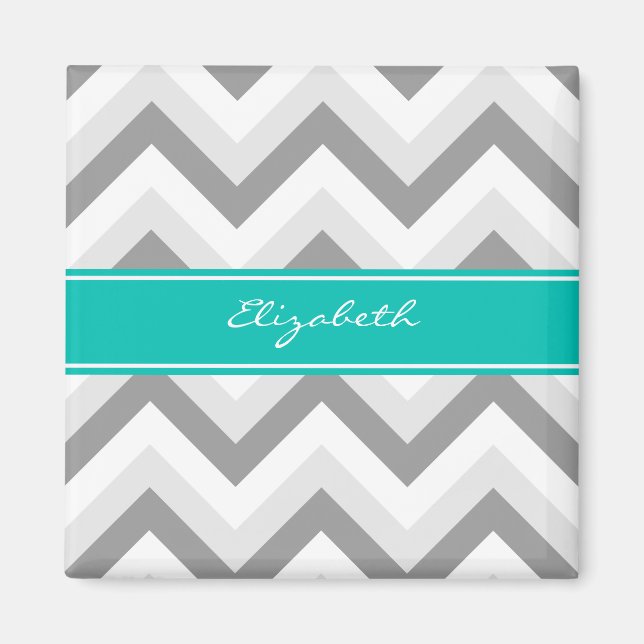 Lt Gray Med Gray White Chevron Teal Name Monogram Magnet (Front)