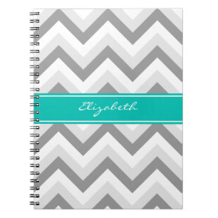 Lt Gray Med Gray White Chevron Teal Name Monogram Notebook