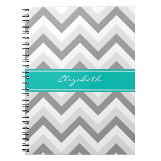 Lt Gray Med Gray White Chevron Teal Name Monogram Notebook (Front)
