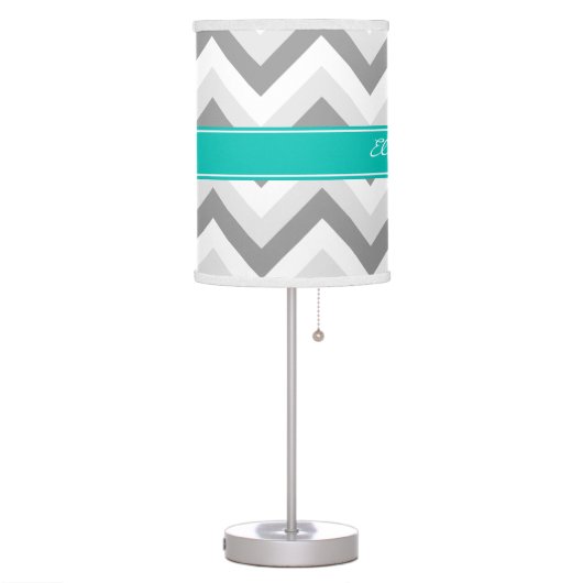 Lt Gray Med Gray White Chevron Teal Name Monogram Table Lamp (Left)