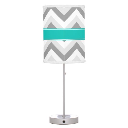 Lt Gray Med Gray White Chevron Teal Name Monogram Table Lamp (Back)
