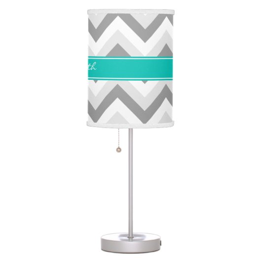Lt Gray Med Gray White Chevron Teal Name Monogram Table Lamp (Right)