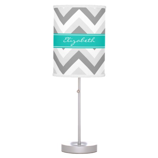 Lt Gray Med Gray White Chevron Teal Name Monogram Table Lamp (Front)