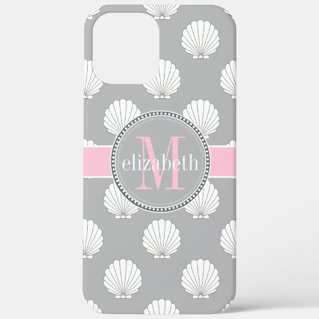 Lt Gray | Pink Clamshells Seashells Monogram Case-Mate iPhone Case (Back)