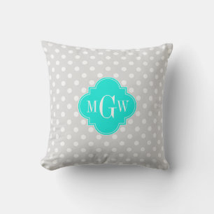 Lt Gray Polka Dots Brt Aqua Quatrefoil 3 Monogram Throw Pillow