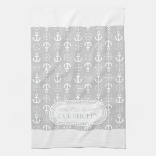 Lt Gray White Anchors Wheels Nautical Monogram Kitchen Towel