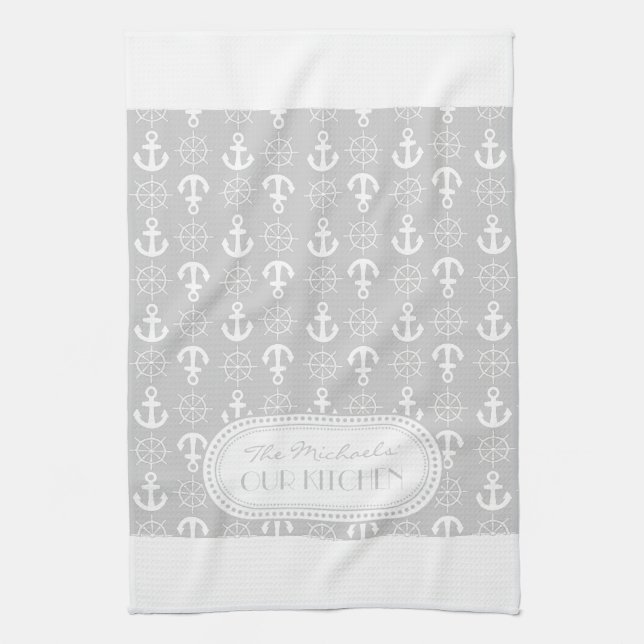 Lt Gray | White Anchors Wheels Nautical Monogram Kitchen Towel (Vertical)