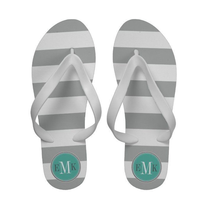 Lt Gray White Big Bold Stripes Teal Monogram Flip Flops