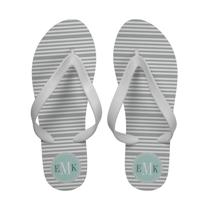 Lt Gray White Big Mini Stripes Lt Teal Monogram Flip Flops