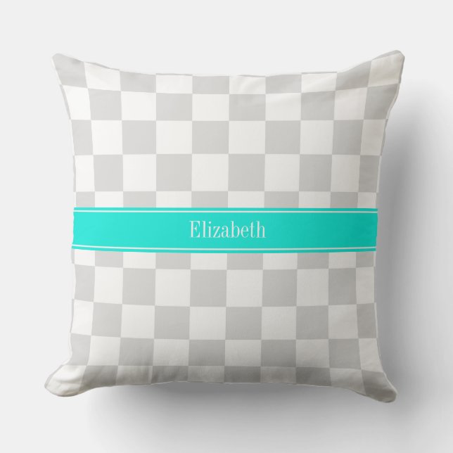 Lt Gray White Checker Aqua Ribbon Monogram Throw Pillow (Front)