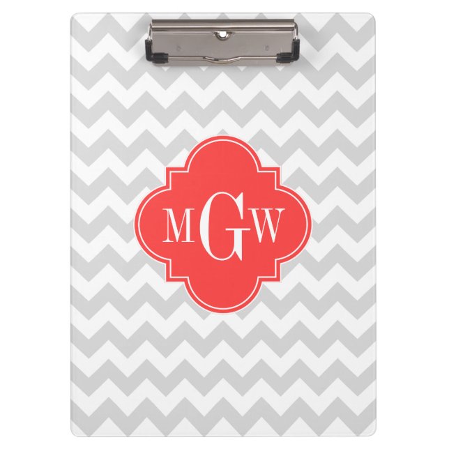 Lt Gray White Chevron Coral Quatrefoil Monogram Clipboard (Front)
