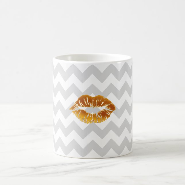 Lt Gray White Chevron, Gold Lipstick Kiss Coffee Mug (Center)