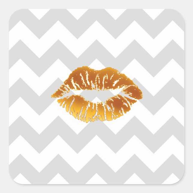 Lt Gray White Chevron, Gold Lipstick Kiss Square Sticker (Front)