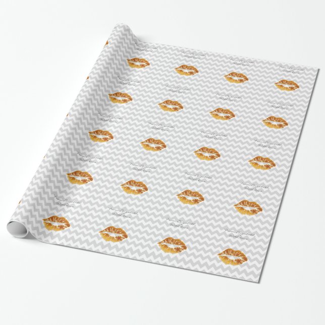 Lt Gray White Chevron, Gold Lipstick Kiss Wrapping Paper (Unrolled)