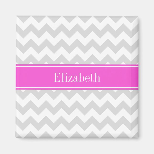 Lt Gray White Chevron Hot Pink Name Monogram Magnet (Front)