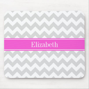 Lt Gray White Chevron Hot Pink Name Monogram Mouse Pad