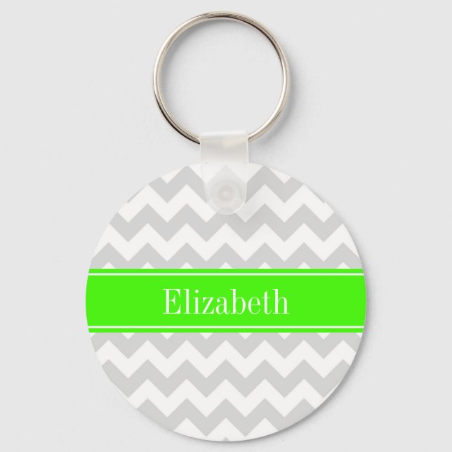 Lt Gray White Chevron Lime Green Name Monogram Keychain (Front)