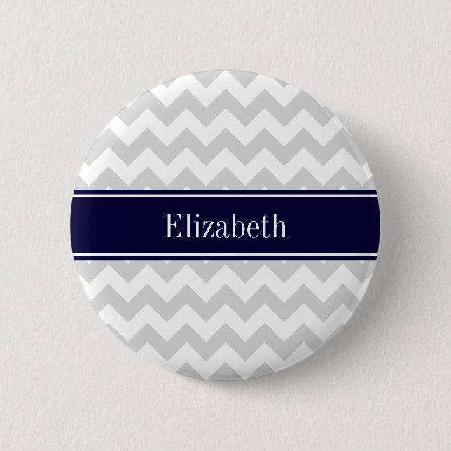 Lt Gray White Chevron Navy Blue Name Monogram Pinback Button (Front)
