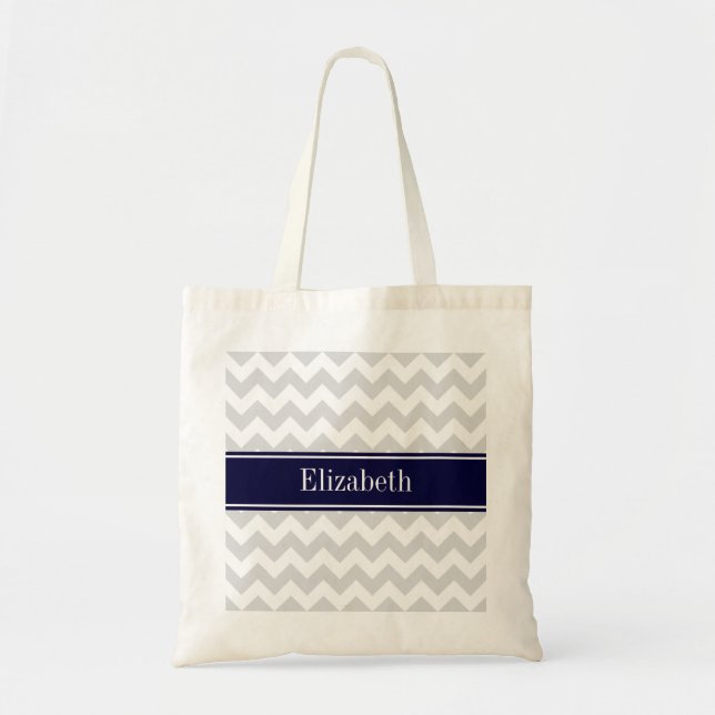 Lt Gray White Chevron Navy Blue Name Monogram Tote Bag (Front)