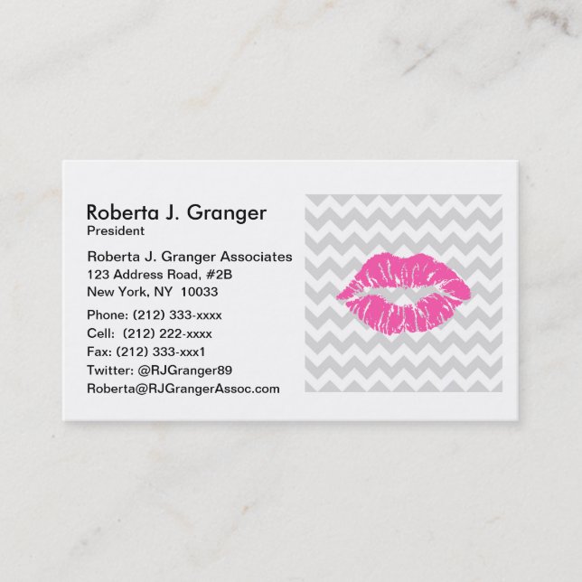 Lt Gray White Chevron, Pink Lipstick Kiss Business Card (Front)