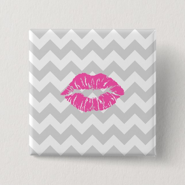 Lt Gray White Chevron, Pink Lipstick Kiss Button (Front)