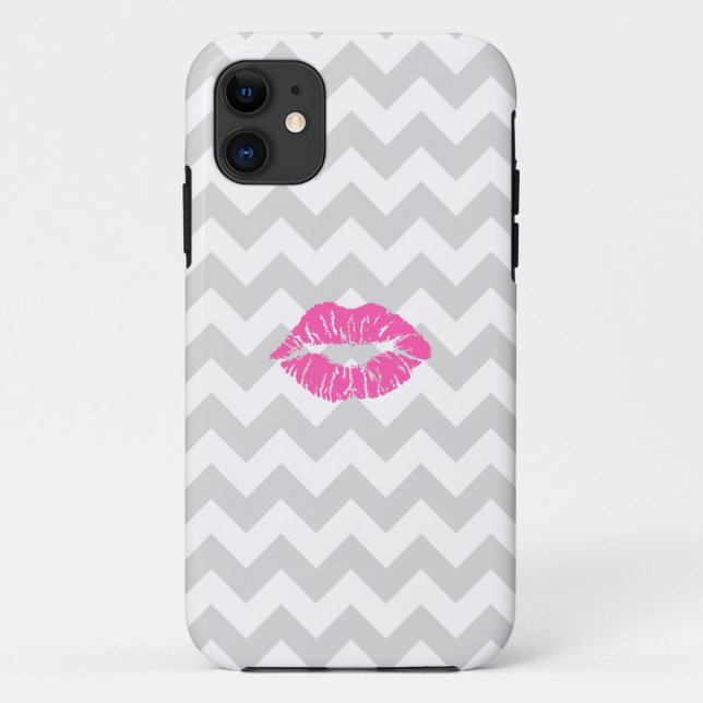 Lt Gray White Chevron, Pink Lipstick Kiss Case-Mate iPhone Case (Back)