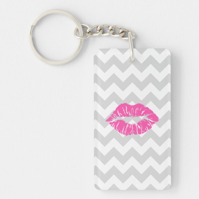 Lt Gray White Chevron, Pink Lipstick Kiss Keychain (Front)