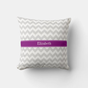 Lt Gray White Chevron Purple Name Monogram Throw Pillow