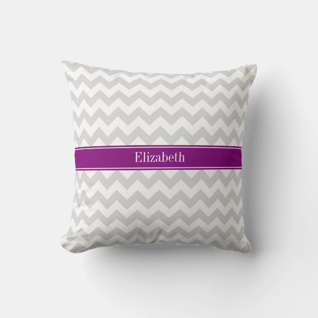 Lt Gray White Chevron Purple Name Monogram Throw Pillow (Front)
