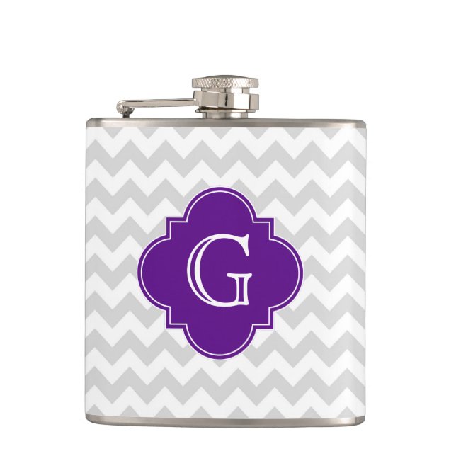 Lt Gray White Chevron Purple Quatrefoil Monogram Flask (Front)