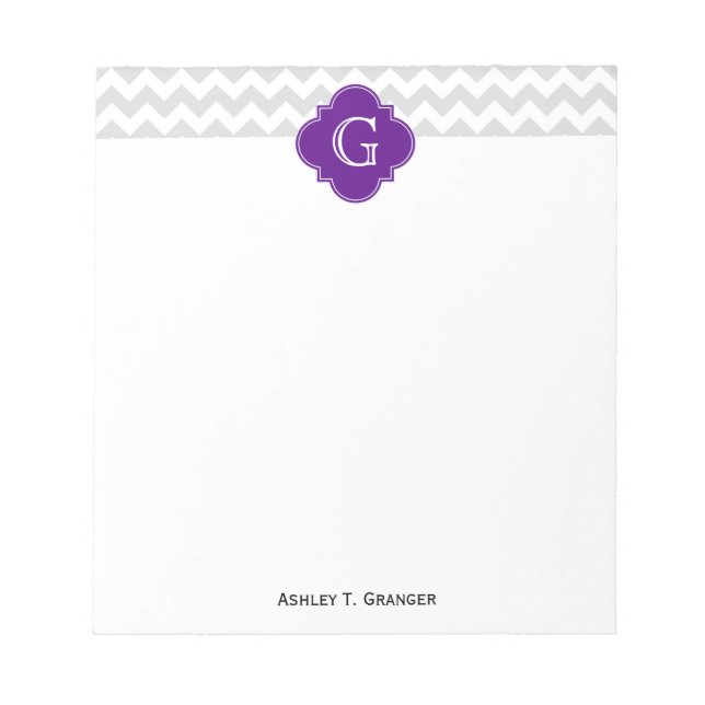 Lt Gray White Chevron Purple Quatrefoil Monogram Notepad (Front)