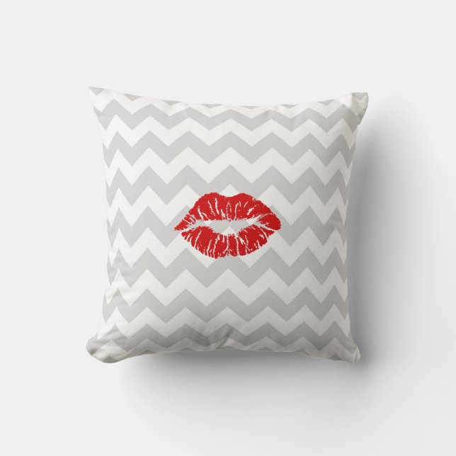Lt Gray White Chevron, Red Lipstick Kiss Throw Pillow (Front)