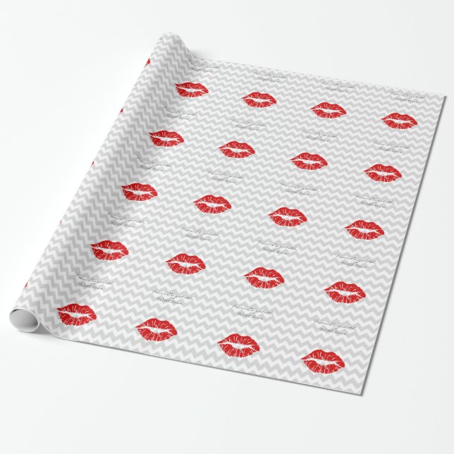 Lt Gray White Chevron, Red Lipstick Kiss Wrapping Paper (Unrolled)
