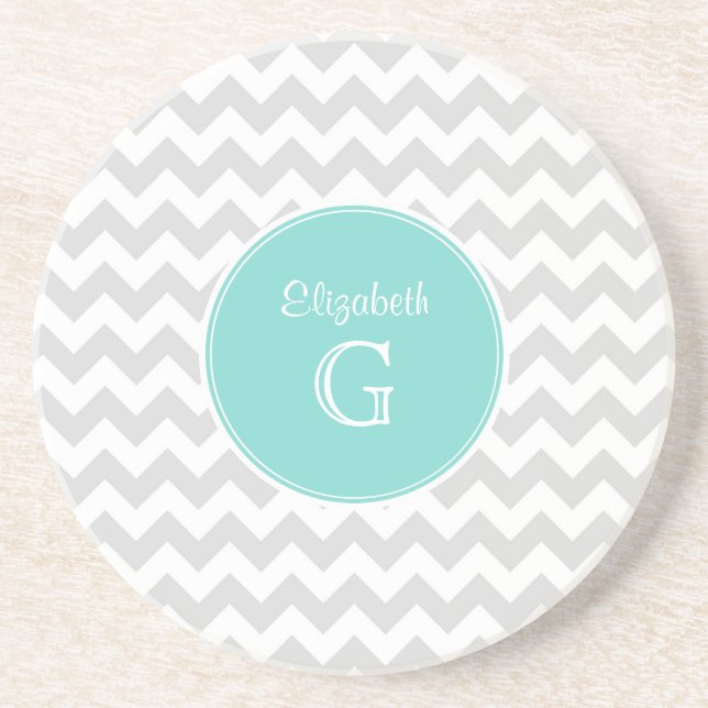 Lt Gray White Chevron Rnd Aqua Name Monogram Sandstone Coaster (Front)