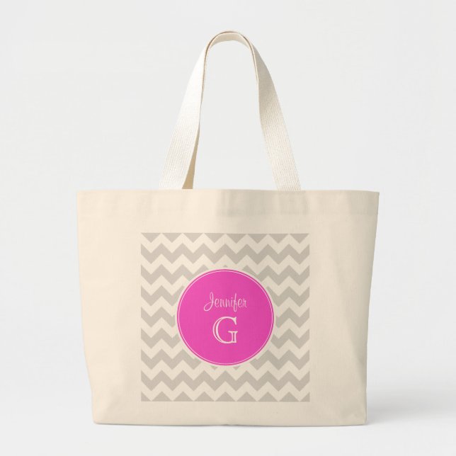Lt Gray White Chevron Rnd Hot Pink Name Monogram Large Tote Bag (Front)