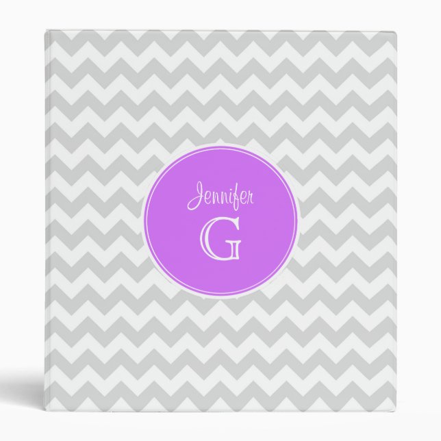 Lt Gray White Chevron Rnd Lilac Name Monogram Binder (Front)