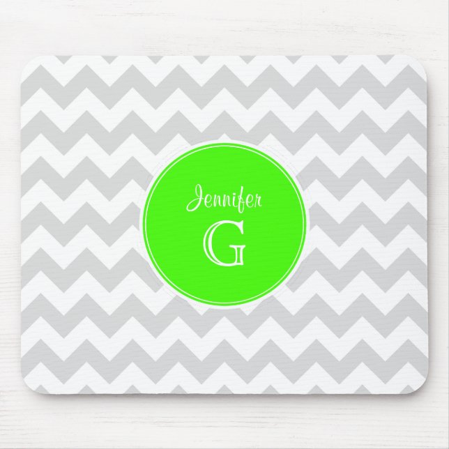 Lt Gray White Chevron Rnd Lime Green Name Monogram Mouse Pad (Front)
