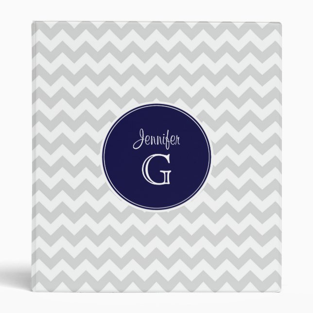 Lt Gray White Chevron Rnd Navy Blue Name Monogram Binder (Front)