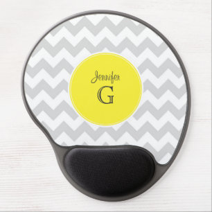 Lt Gray White Chevron Round Yellow Name Monogram B Gel Mouse Pad