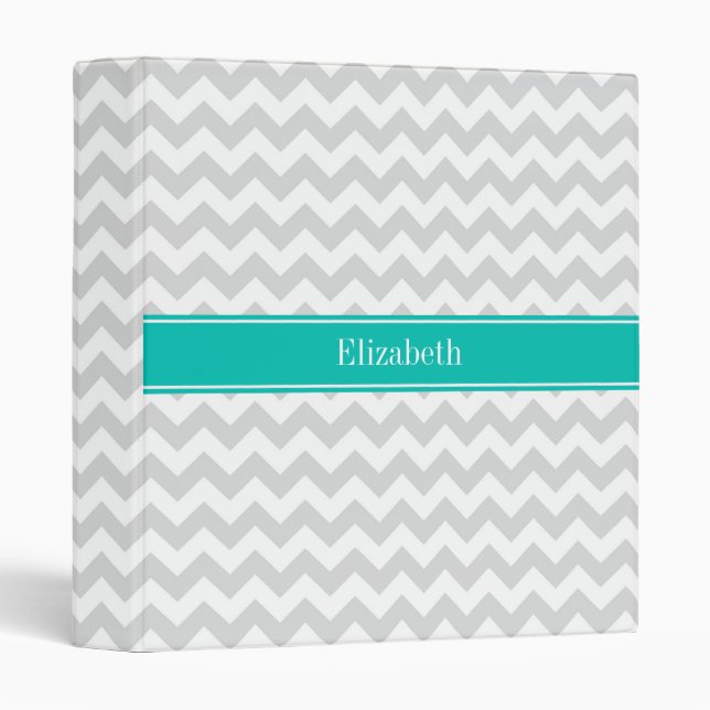 Lt Gray White Chevron Teal Name Monogram Binder (Front/Spine)