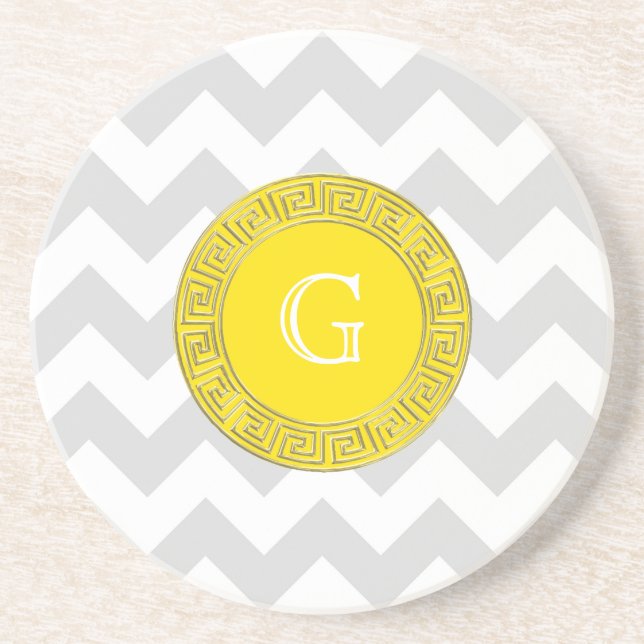 Lt Gray White Chevron Yellow Greek Key Monogram Coaster (Front)