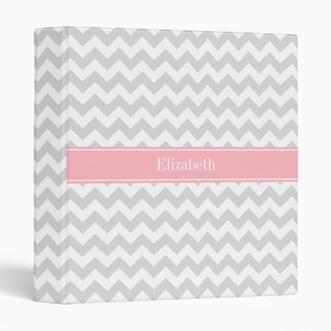 Lt Gray White Chevron Zigzag Pink Name Monogram 3 Ring Binder (Front/Spine)