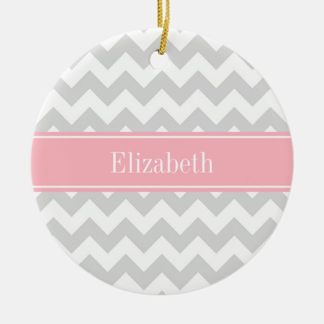 Lt Gray White Chevron Zigzag Pink Name Monogram Ceramic Ornament (Front)