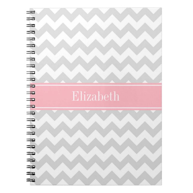 Lt Gray White Chevron Zigzag Pink Name Monogram Notebook (Front)