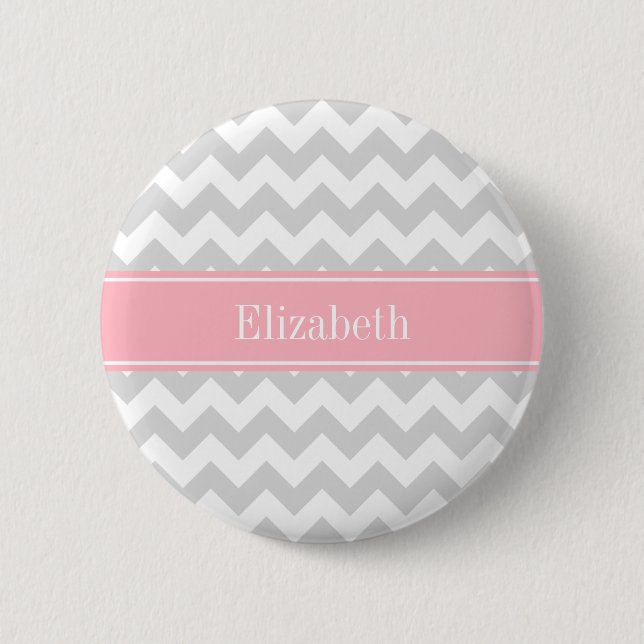 Lt Gray White Chevron Zigzag Pink Name Monogram Pinback Button (Front)