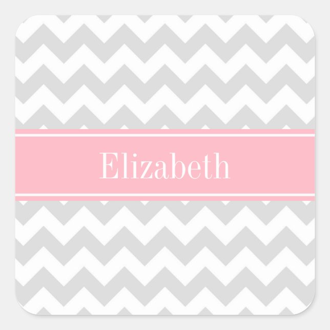 Lt Gray White Chevron Zigzag Pink Name Monogram Square Sticker (Front)