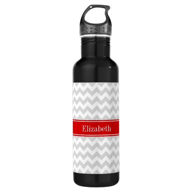 Lt Gray White Chevron Zigzag Red Name Monogram Water Bottle (Front)