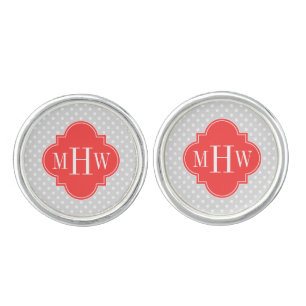 Lt Gray White Dots Coral Red Quatrefoil 3 Monogram Cufflinks
