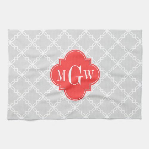 Lt Gray White Fancy Quatrefoil 3 Initial Monogram Kitchen Towel